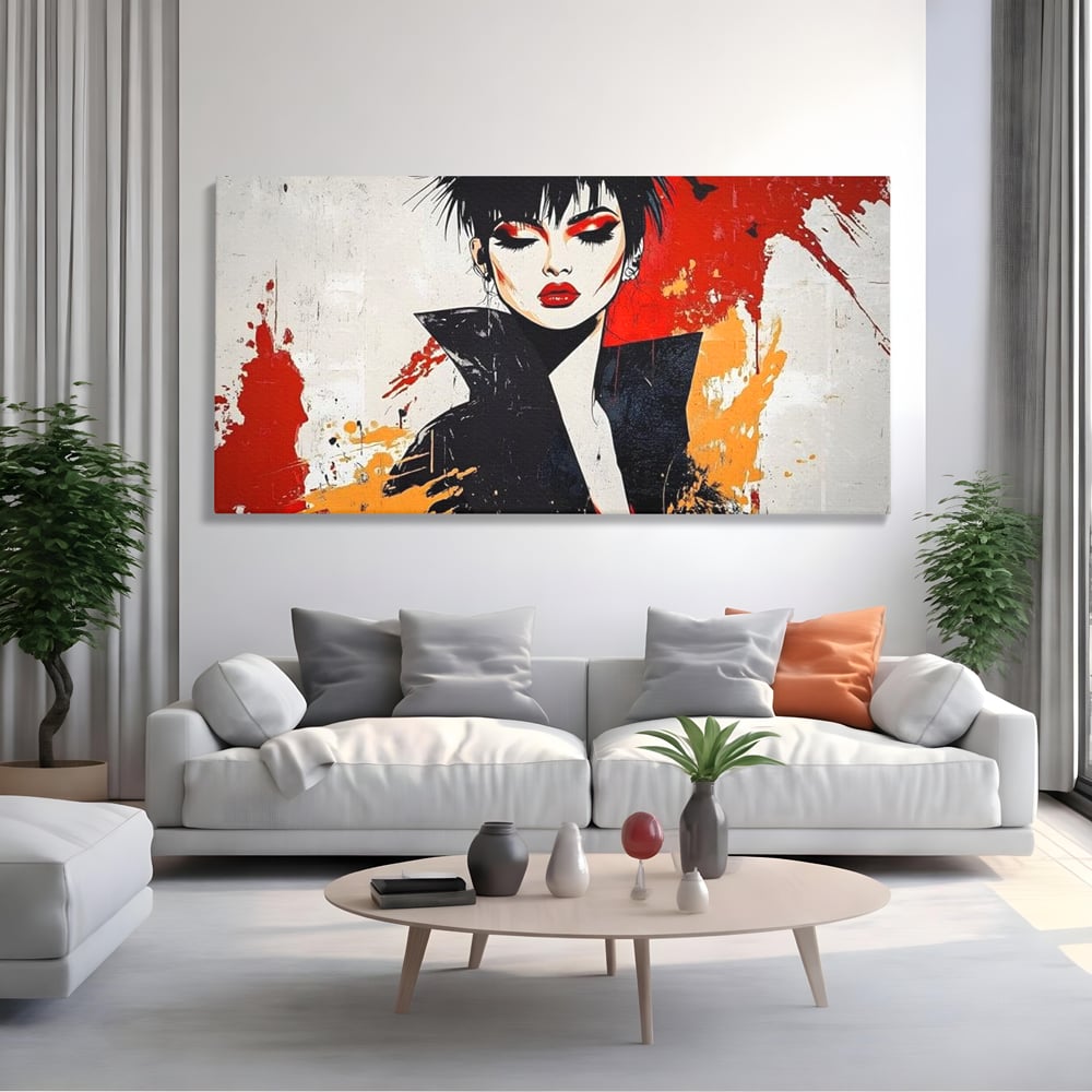Tablou canvas cu ilustratie digitala cu portret de femeie in stil punk, fara rama, pe sasiu de lemn, pe perete intr-un living